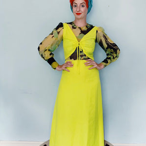 70s cut out Chiffon Fluorescent Yellow Maxi Dress Size Small UK 8