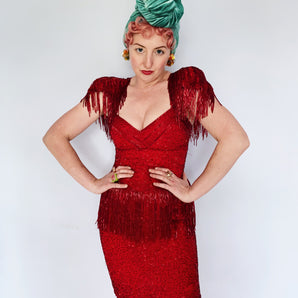 RED hot sequin Tassled Shoulder pad dress