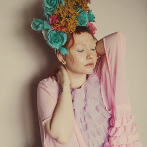 Vintage Blue and pink flower crown, wig, marie Antoinette