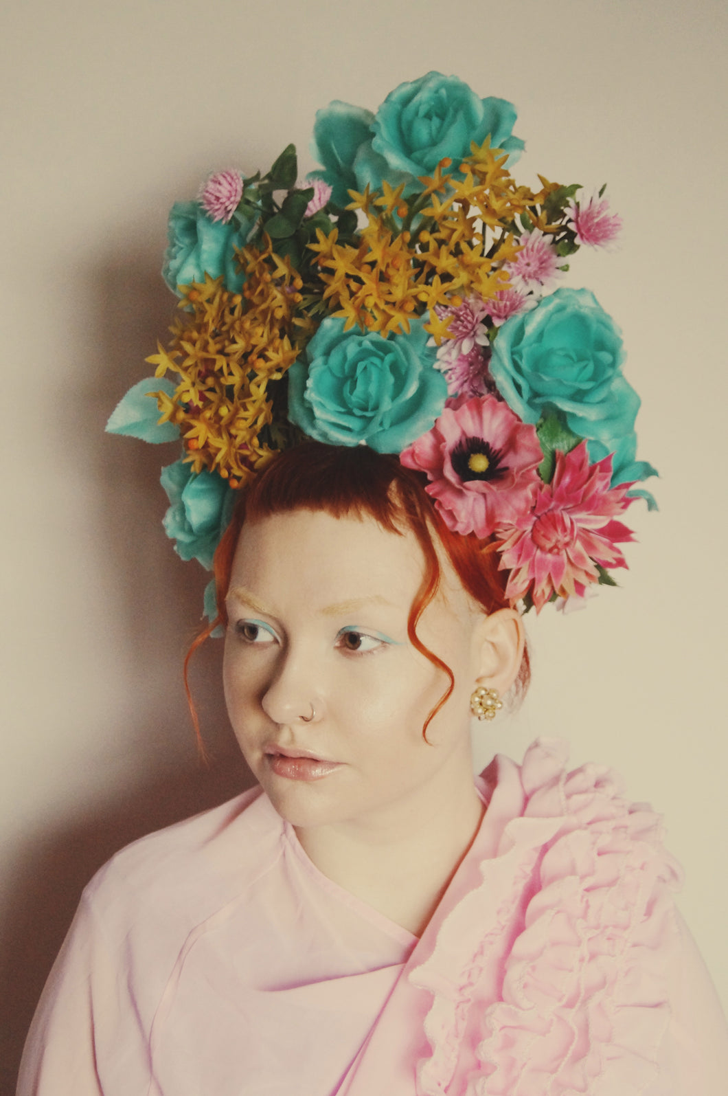Vintage Blue and pink flower crown, wig, marie Antoinette