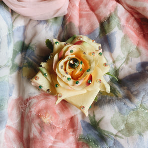 Yellow Tea Rose Flower Bejewelled Bling Brooch