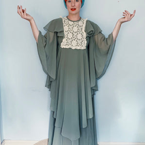 John Charles 70s vintage amazing olive chiffon and lace flowy dress