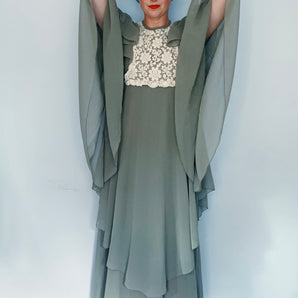 John Charles 70s vintage amazing olive chiffon and lace flowy dress