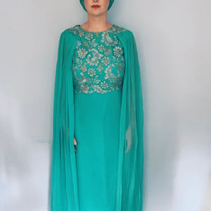 vintage silk chiffon lace couture blue green gown dress long goddess train