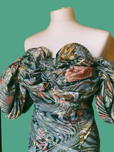 Load image into Gallery viewer, 80s LAME GOLD AND GREEN FLORAL, PUFF SHOULDERED DRESS
