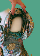 Load image into Gallery viewer, 80s LAME GOLD AND GREEN FLORAL, PUFF SHOULDERED DRESS
