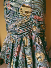 Load image into Gallery viewer, 80s LAME GOLD AND GREEN FLORAL, PUFF SHOULDERED DRESS
