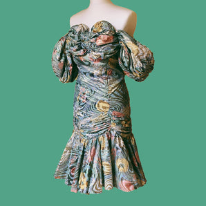80s LAME GOLD AND GREEN FLORAL, PUFF SHOULDERED DRESS