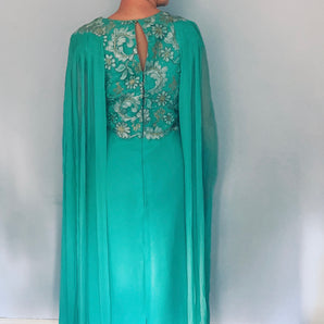 vintage silk chiffon lace couture blue green gown dress long goddess train