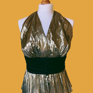80s GOLD AND BLACK HALTERNECK LAME EVENING GOWN