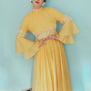 60s vintage Yellow Daisy Maxi Dress with bell sleeves