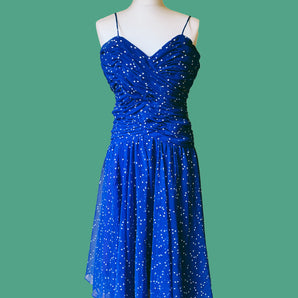 80s BLUE RUCHED John Charles Dress