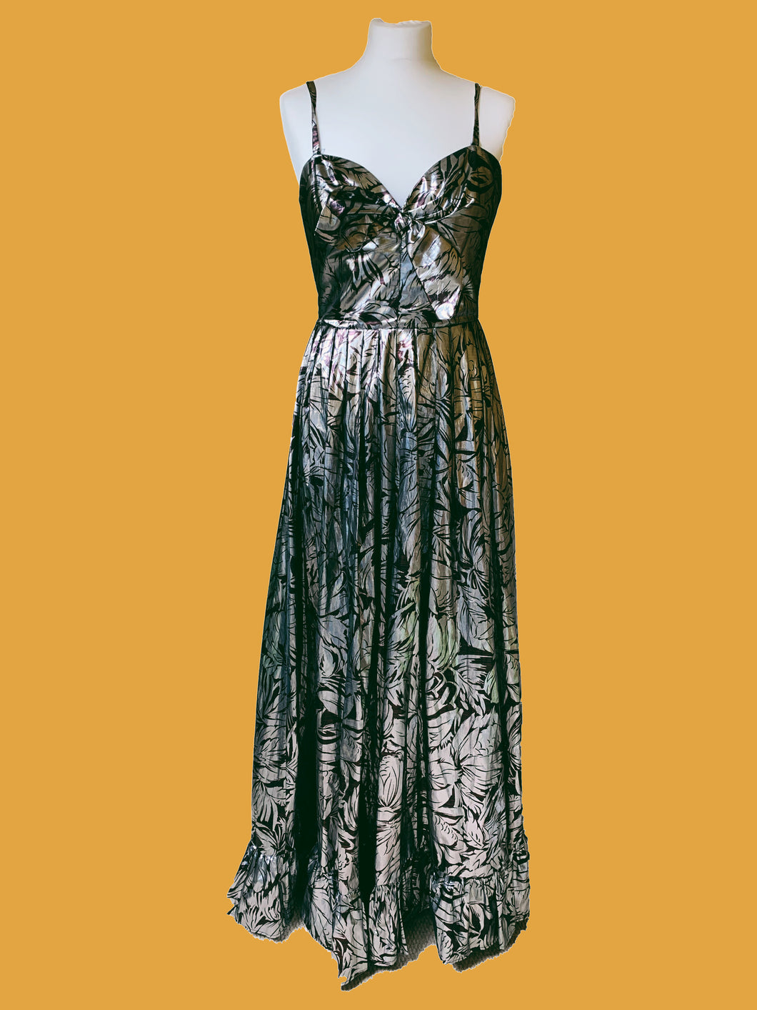 SILVER AND BROWN LEAF LAME STRAP LONG DRESS