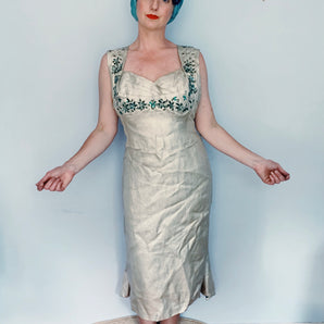 50s Silver Lame showgirl DRESS WITH bustle