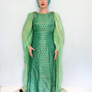 Vintage Retro Style Green And Gold Tudor Style Dress Festival Garden Party S