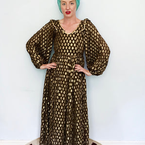 Vintage Prairie Style Dress Brown/black spotty Gold Lurex