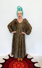 Load image into Gallery viewer, Vintage Prairie Style Dress Brown/black spotty Gold Lurex
