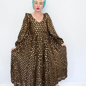 Vintage Prairie Style Dress Brown/black spotty Gold Lurex