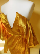 Load image into Gallery viewer, SILKY GOLD YELLOW OFF THE SHOULDER PLUNGE DRESS
