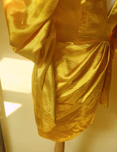 Load image into Gallery viewer, SILKY GOLD YELLOW OFF THE SHOULDER PLUNGE DRESS

