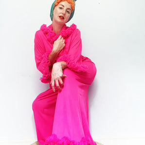 60s HOT PINK nylon Ruffle Jumpsuit