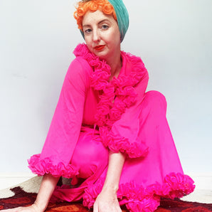 60s HOT PINK nylon Ruffle Jumpsuit