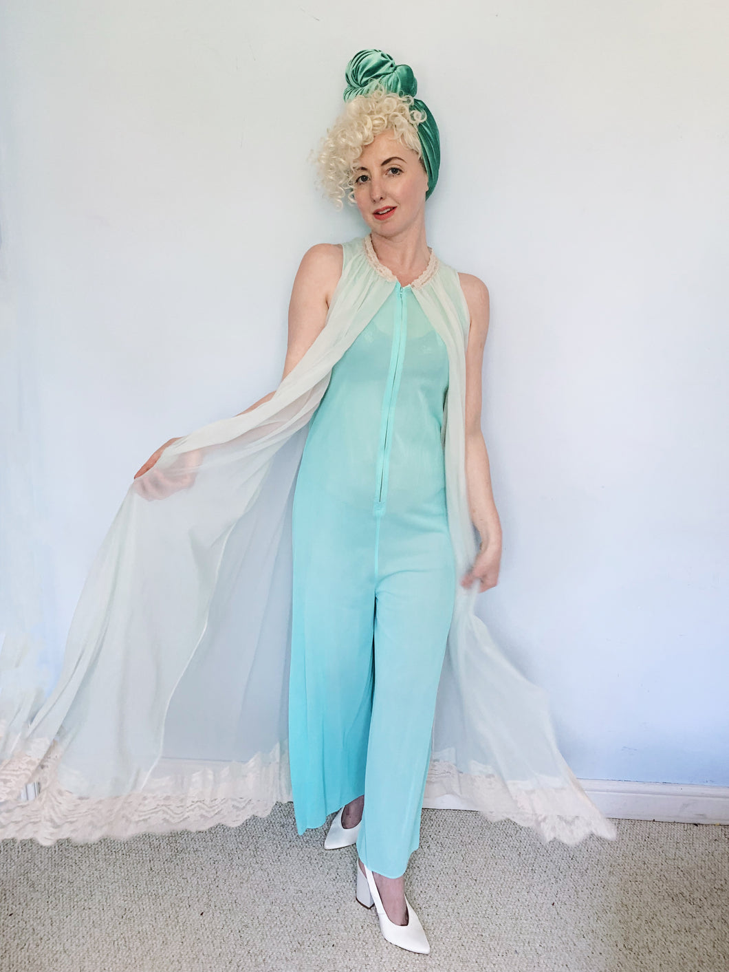 *RESERVED FOR SHARON* Vintage Nylon Jumpsuit - Baby Blue with Lace overdress