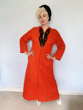 Load image into Gallery viewer, *RESERVED* Quilted red/orange housecoat / dress with embroidery detail

