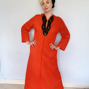 *RESERVED* Quilted red/orange housecoat / dress with embroidery detail