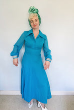 Load image into Gallery viewer, 70s Two-piece maxi dress and waistcoat, blue with silver Lurex trim
