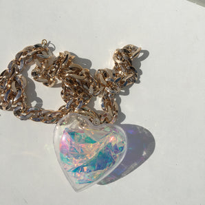 iridescent filled 3d love heart necklace on chunky silver chain