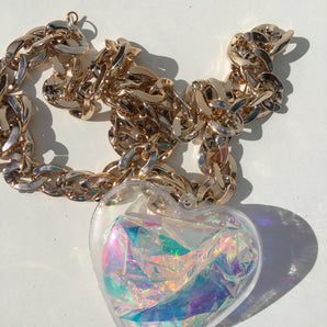 iridescent filled 3d love heart necklace on chunky silver chain