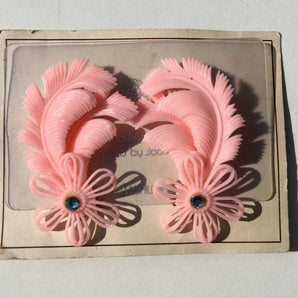 Deadstock 50s Vintage Plastic Baby Pink Feather Diamanté Clip on Earrings
