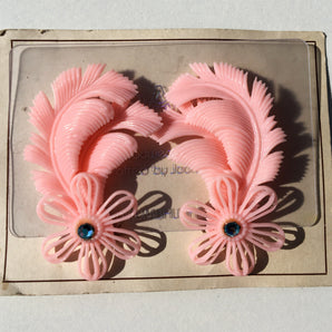 Deadstock 50s Vintage Plastic Baby Pink Feather Diamanté Clip on Earrings
