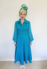 Load image into Gallery viewer, 70s Two-piece maxi dress and waistcoat, blue with silver Lurex trim
