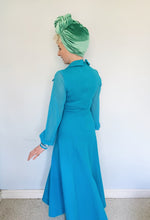 Load image into Gallery viewer, 70s Two-piece maxi dress and waistcoat, blue with silver Lurex trim
