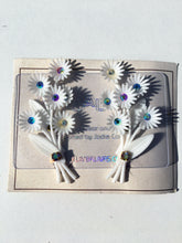 Load image into Gallery viewer, 50s Vintage Plastic White Flower iridescent Gem Diamanté Clip on Earrings
