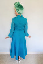Load image into Gallery viewer, 70s Two-piece maxi dress and waistcoat, blue with silver Lurex trim
