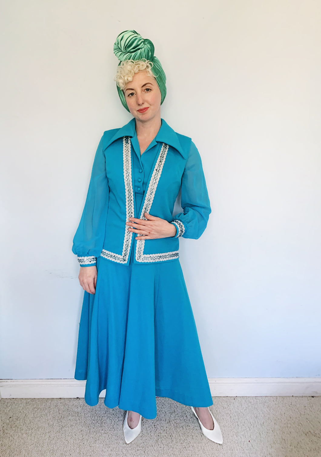 70s Two-piece maxi dress and waistcoat, blue with silver Lurex trim