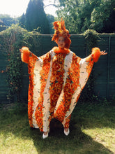 Load image into Gallery viewer, Oranges and Floral print Crepe Kaftan Dress with marabou trim
