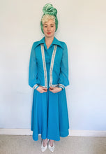 Load image into Gallery viewer, 70s Two-piece maxi dress and waistcoat, blue with silver Lurex trim
