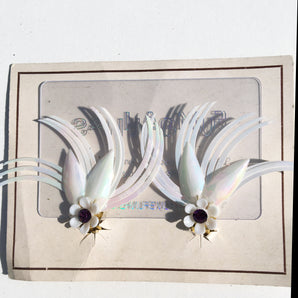 Deadstock 50s Vintage Plastic White Iridescent Rhinestone Clip on Earrings