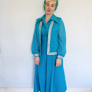 70s Two-piece maxi dress and waistcoat, blue with silver Lurex trim