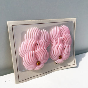 Deadstock 50s Vintage Plastic Pink Feather Rhinestone Clip on Earrings