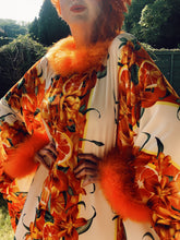 Load image into Gallery viewer, Oranges and Floral print Crepe Kaftan Dress with marabou trim
