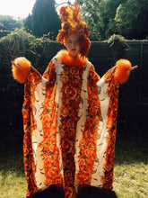 Load image into Gallery viewer, Oranges and Floral print Crepe Kaftan Dress with marabou trim
