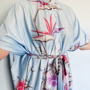 Blue Floral Birds of Paradise Print Kaftan Dress