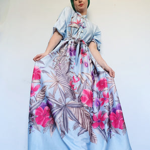 Blue Floral Birds of Paradise Print Kaftan Dress