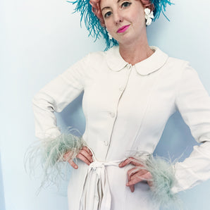 Vintage Off White House Coat / Dress with marabou Trim