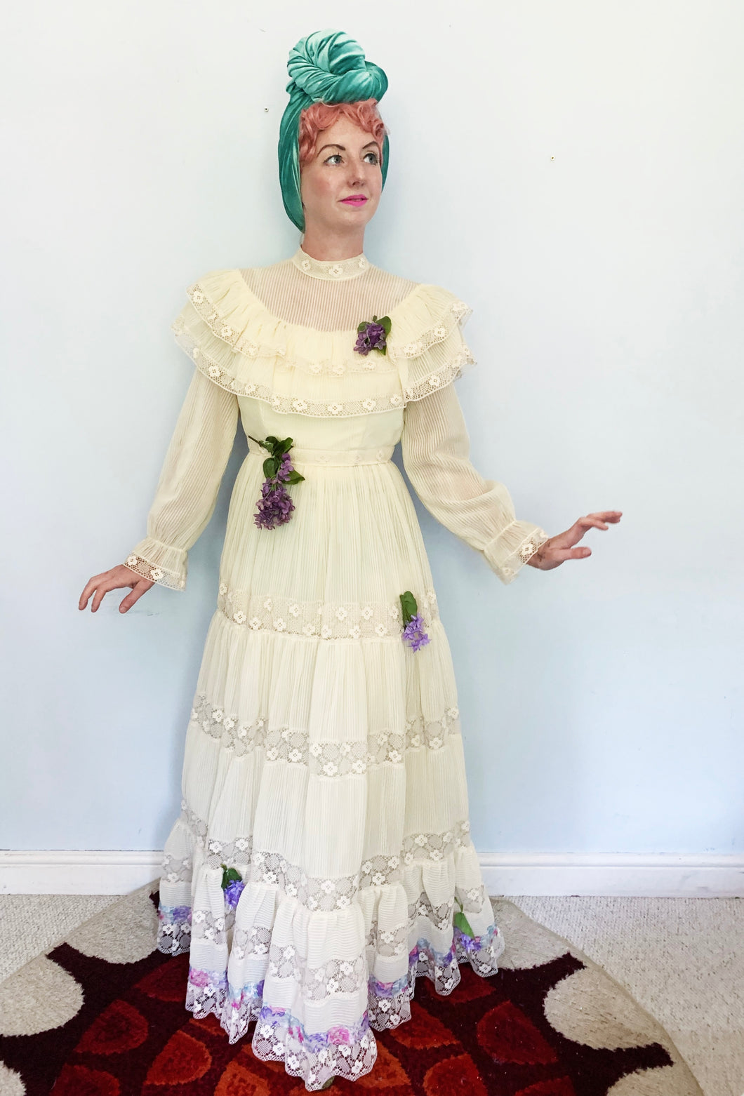 Vintage white prairie / Folk maiden Dress with hand-stitched flowers